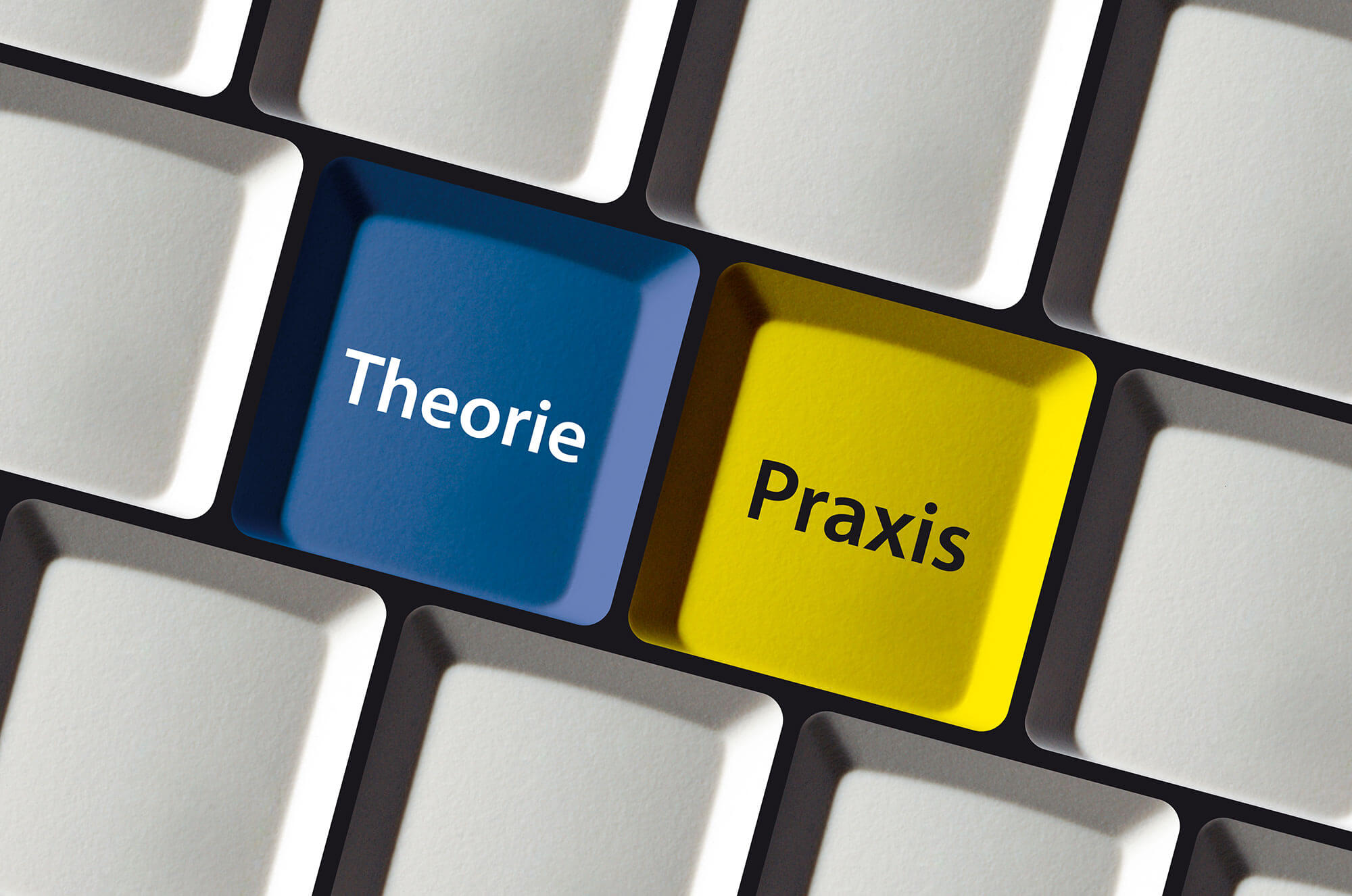 Tastatur, gefärbte Tasten "Theorie" und "Praxis" für ERP